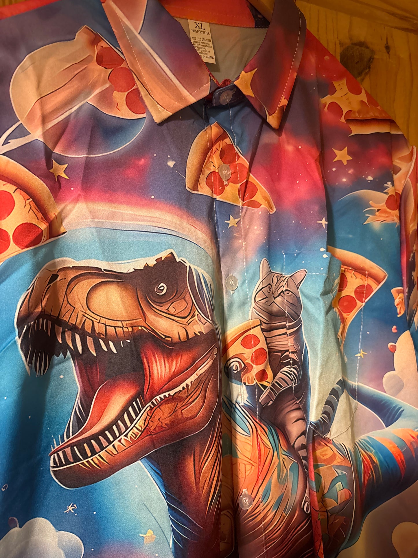 A t-Rex and a cat crossed the road shite Hawaiian Shirt