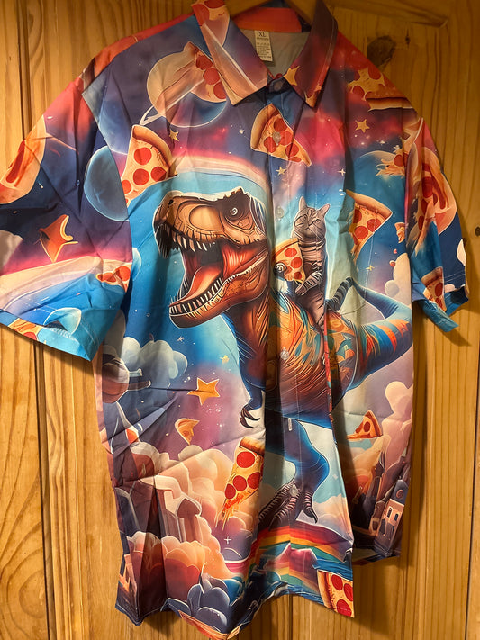 A t-Rex and a cat crossed the road shite Hawaiian Shirt XL
